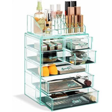 Acrylic 7-Drawer Makeup Organizer Set – Teal, Small & Wide Compartments, Compatible with Brushes & Jewelry – Holiday Gift for Women & Teens