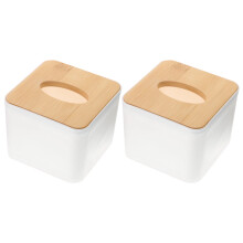 2pcs Plastic Tissue Box Square Tissue Paper Holder with Wooden Cover for Home Office
