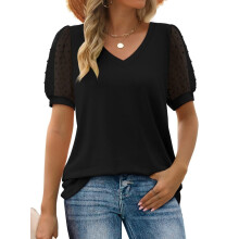 Lässige Damen-T-Shirts mit V-Ausschnitt, Schweizer Punktmuster, bauschig, transparent, kurze Ärmel