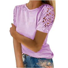 Summer Tops for Women Women T-Shirts Plus Size Crew Neck Short Sleeve Tunic Tops Solid Lace Stitching Tops Fashion Solid Color Fit Casual Tees
