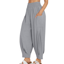 Women's High-Waist Wide-Leg Cargo Pants, Cotton-Linen Blend, Elastic Waist, Pre-Washed, Pockets, S-2XL