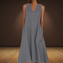 Jurken voor dames, zomerse casual A-lijn jurken, effen kleuren, printen, mouwloze lange jurken, oversized jurken met V-hals, zwierige midi-jurken