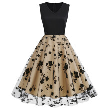 Damekjoler Sommer Ærmeløs Vintage Sort Print V-hals Rockabilly Pin Up Fest Afslappet Kjole