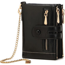 Women's Small RFID Bifold Leather Wallet with Wristlet Chain, ID Window, Multi-Card Slots & Double Zipper Coin Pocket (Blue)
