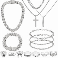 15 Pieces Silver Jewelry Set for Men Stainless Steel Cuban Link Necklace Bracelet Cross Pendant Necklace Vintage Ring Cuban Jewelry Set for Men Women