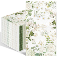 White Floral Disposable Paper Napkins – Spring Flowers, Greenery Design – Compatible with Wedding, Bridal Tea Party & Bathroom Use
