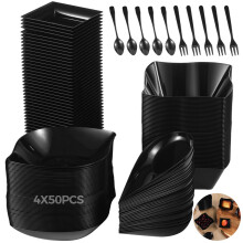 Mini Dessert Plates & Cutlery Set (400 pcs, Black, 4 Shapes), Disposable Plastic for Weddings/Parties/Catering