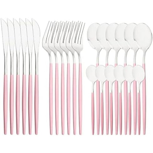 Ensemble de 24 couverts en acier inoxydable avec manches roses