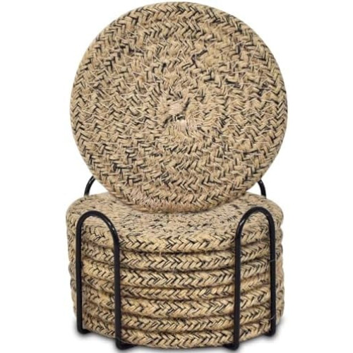 Lot de 8 sous-verres en coton et lin avec support