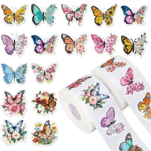 500Pcs Butterfly Flower Sticker Rolls Butterfly Giftwrap Decal