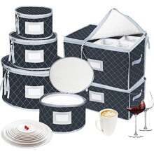 Stackable Quilted Dish & Stemware Storage Boxes with Clear Windows, Dividers & Handles – Set of 6, Compatible with China Dinnerware