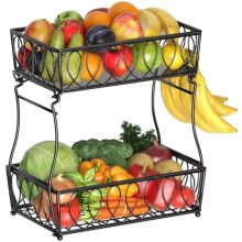 2-Tier Countertop Fruit Basket Bread Bowl for Kitchen, Vegetable Potato Onion Storage Wire Basket, 13.8-Inch, Black