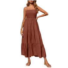 Rochie maxi de vară pentru femei, rochie de plajă fără mâneci, cu bretele spaghete, model boem, model smocked, în culoarea maro, 5XL –