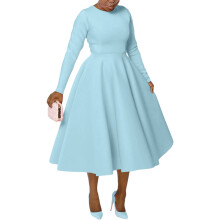 Rochie de damă cu burete, culoare solidă, toamnă-iarnă, guler rotund, mânecă lungă, buzunare laterale, modă, casual, lejeră, moale (albastru