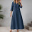 Women's Navy Solid A-Line Midi Dress with 3/4 Sleeves and V 2
