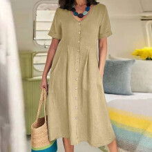 Vestidos femininos casuais de verão, midi, manga curta, com botões, estilo saída de praia solta e com bolsos.