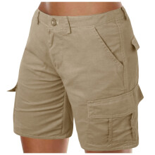 Calças femininas de cintura alta, folgadas, cor sólida, mini shorts de verão para praia, com botões, estilo cargo.