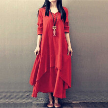 Rochie maxi roșie din bumbac pentru femei – Rochie cu mânecă lungă, casual și pentru invitați de nuntă, stil boho de vară, mărime L