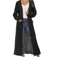 Gilet long d'hiver uni pour femme 2025, pull fin fendu avec grandes poches, noir