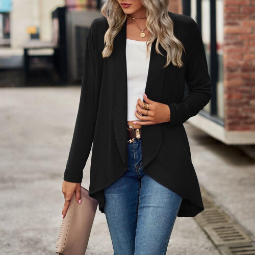 Damen-Strickjacke, langärmelig, einfarbig, locker geschnitten, schwarz 1