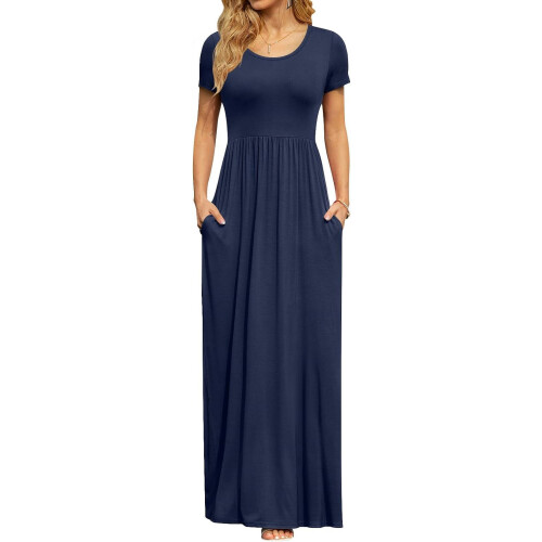 Γυναικεία Φορέματα Maxi με Κοντά Μανίκια, Casual, Μακρύ Φόρεμα με Μέση Empire και Τσέπες 2