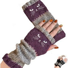 Cat Embroidery Fingerless Gloves – Warm, Cozy, Touchscreen Compatible, Cute Patchwork Knit for Women