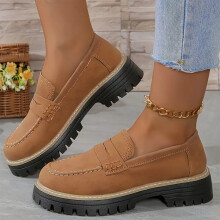 Dame casual loafers, retro frostet rund tå, tyk hæl og bund, brun, størrelse 9.5