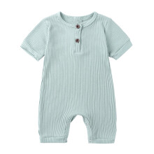 Stickade sommarsparkdräkter för baby, enfärgade, kortärmade, knäppta, bekväma rundhalsade sparkdräkter, storlek 0-18 månader