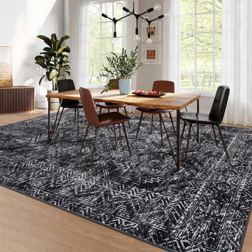 Black Washable Area Rug 6x9 ft Non-Slip Boho Style 1