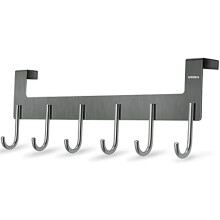 Over Door Hanger, Metal Over The Door Hook Rack with 6 Hook for Hanging Towel Robe Coat Bathroom Bedroom, Towel Rails, Grey
