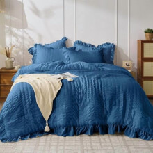 Juego de edredón Queen color verde azulado, juego de ropa de cama de seersucker de 3 piezas para todas las estaciones: 1 edredón con volantes + 2