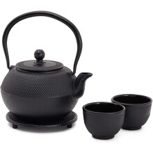 Öntöttvas teáskanna - 1200 ml, fekete, 2 csészés - japán teakészlet rozsdamentes acél betéttel és főzőlapon tárolható teához