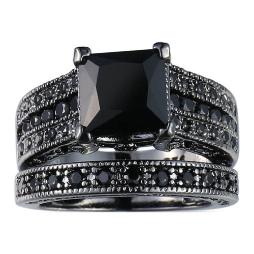 Jacenvly women's vintage black engagement ring set 2-piece 1