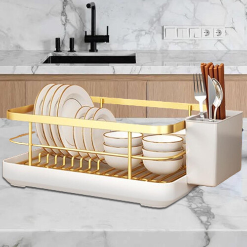 Scolapiatti multifunzionale (34 cm) con portautensili e portabicchieri – Robusto scolapiatti da cucina 2