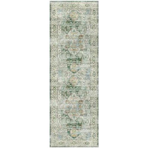 Vintage Washable Runner Rug 2.5ft x 8ft Green 1