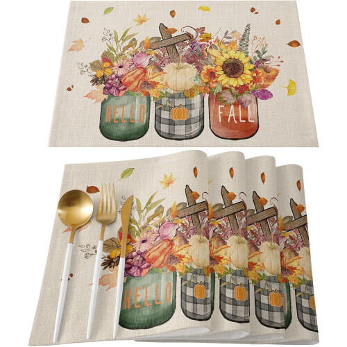 Herfst placemats set van 4 – Bloemenvaas pompoen design