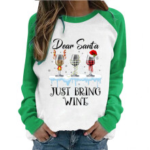 Top de mujer de manga larga con cuello redondo y estampado navideño de copa de vino. Estampado navideño diario.