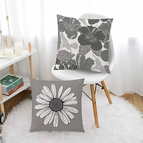Grå & röda örngott med prästkragar, bomullslinne, 45x45 cm, 6 1