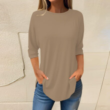 Blusa de poliéster marrón de manga 3/4 para mujer, talla grande, color liso y estampado de árbol – Compatible con tallas estándar