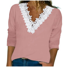Blusa túnica rosa para mujer, corte holgado, elegante, manga larga, encaje, cuello en V, poliéster, estampado liso, talla XXL