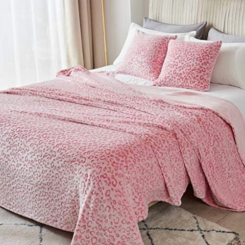 Κουβέρτα Flannel Fleece με Λεοπάρ Στάμπα, Υπερ-Μαλακές, Ελαφριές, Queen Size, 90"X90", Ροζ 1