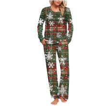 Damespyjama met kerstsneeuwvlokkenprint, 2-delige set. Comfortabele, zachte, elastische polyester-spandexmix met zakje, top met lange mouwen en