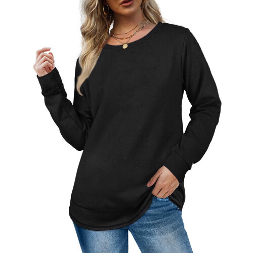 Γυναικεία T-shirts με μακριά μανίκια, Φθινόπωρο-Χειμώνας, Μονόχρωμα, με στρογγυλή 1