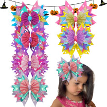 Set van 6 Halloween glitter haarstrikjes voor meisjes en peuters, meerlaagse lint haarclips voor kinderen, geschikt voor feestjes en dagelijks