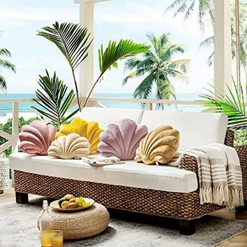 Shell-Shaped Velvet Throw Pillow, Beige, 14 x 11 in 1
