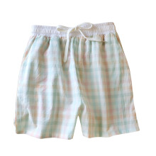 Shorts de dormir xadrez feminino com bolsos, tecido macio e respirável, cordão ajustável, modelagem solta, tamanhos M a XL.