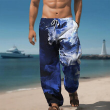 Herren-Freizeithose, Herren-Resorthose mit 3D-Print, elastischem Bund und Kordelzug, lockerer Passform, geradem Bein, Sommer-Strandhose, Lila
