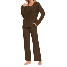 2-delige damespyjamaset, loungeset met ronde hals, top met lange mouwen, taillebroek met zakken, maten S-3XL