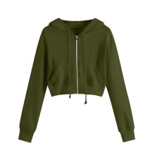Felpa con cappuccio da donna verde tinta unita, giacca a maniche lunghe con cerniera, coulisse e tasche – Top streetwear dalla vestibilità ampia