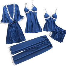 Damespyjamaset, casual top met lange mouwen en lange broek, huispak, pyjamaset met lange broek, blauw, XXXL